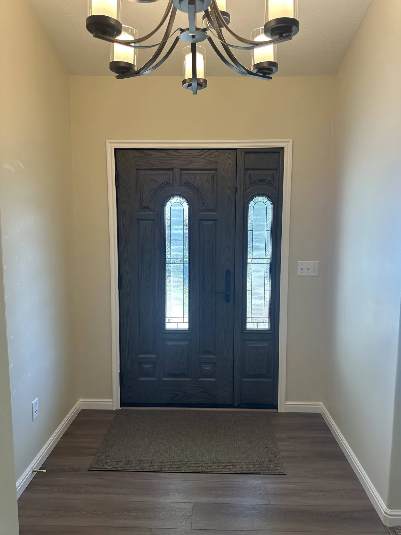 Interior entryway with dark wood front door and fresh paint